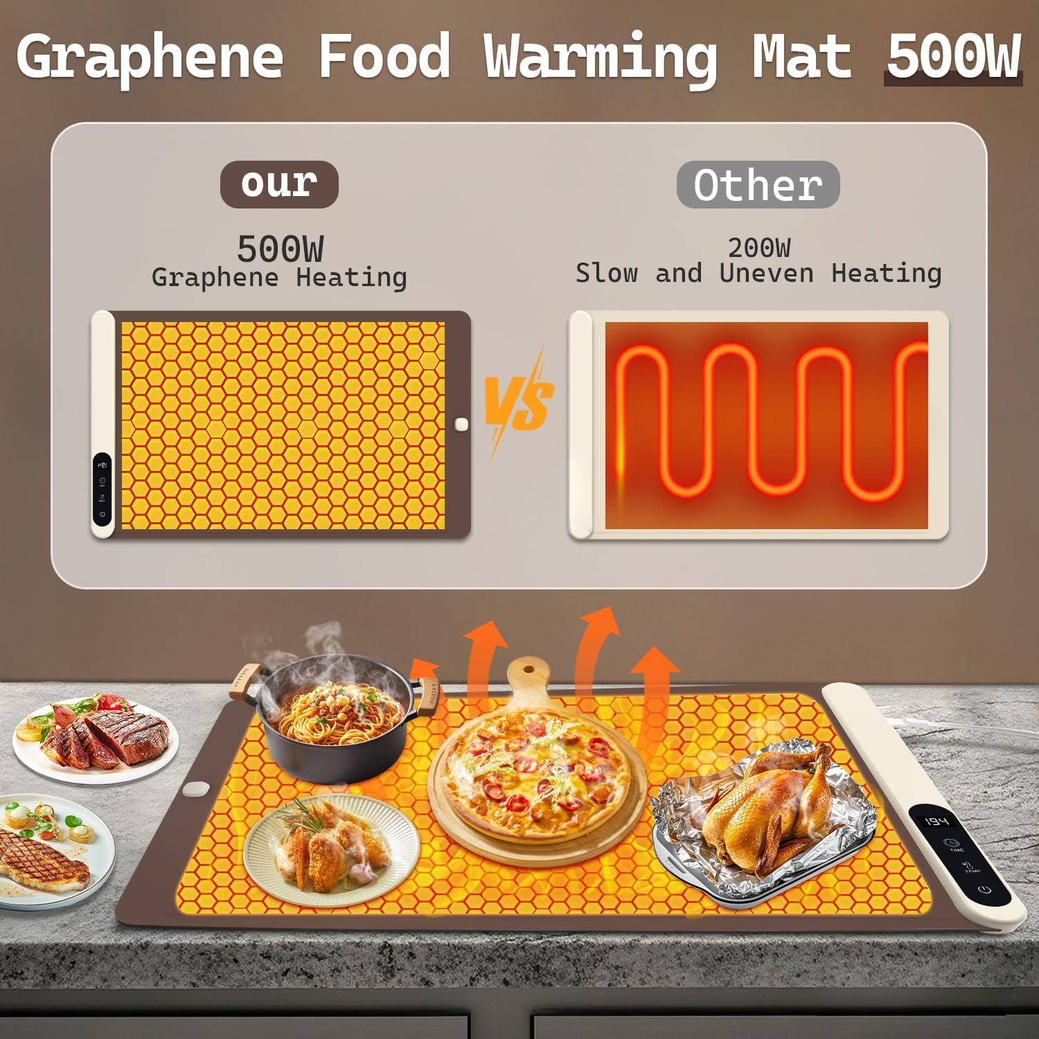 imageWarming Mat for Food 500W Upgrade Hightech Graphene Food Warming Mat Silicone Warming Tray Heating Fastly in 10s 7MM Raised Feet 6 Level Temp ampamp 6 Timer Setting Warming Tray Rollable BeigeBrown