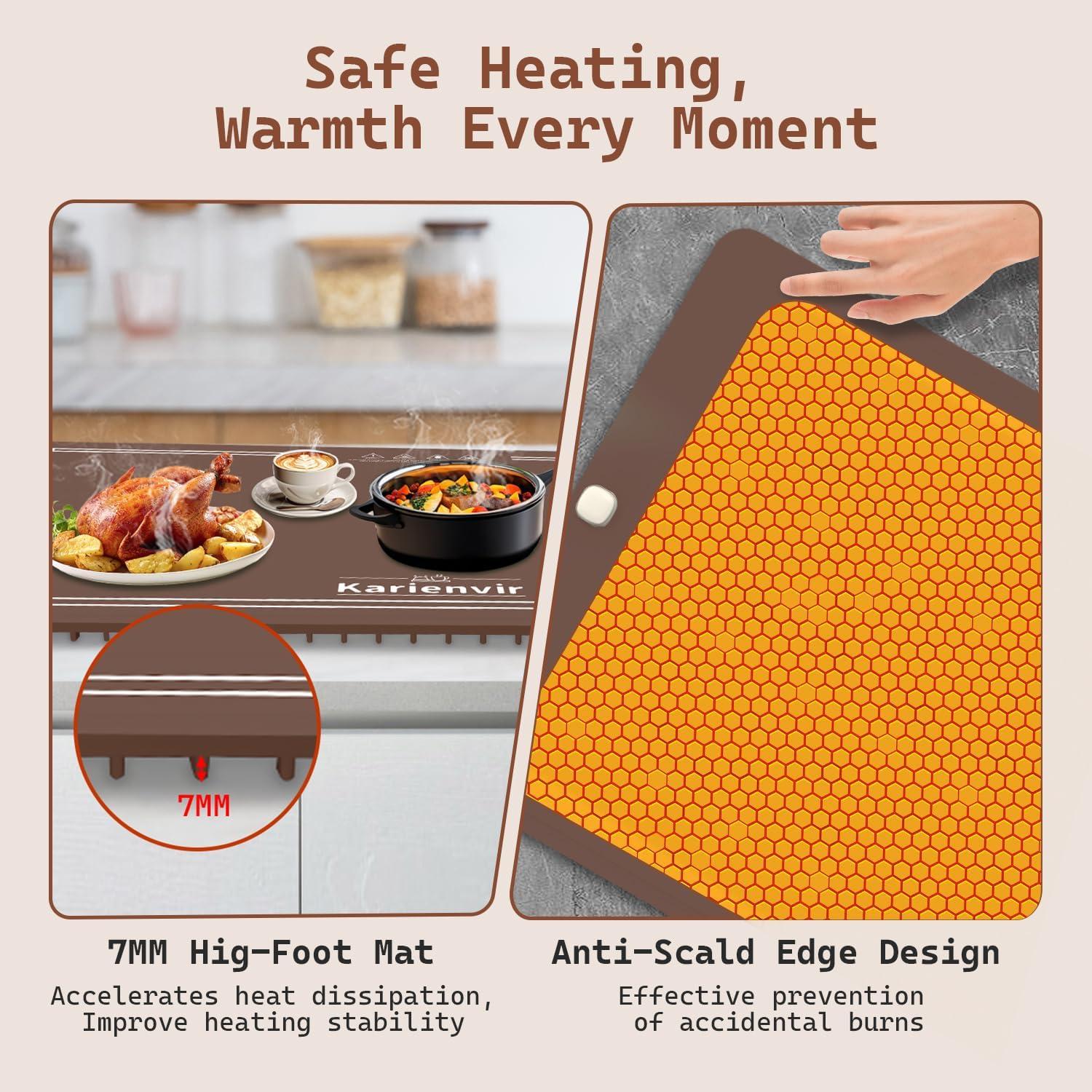 imageWarming Mat for Food 500W Upgrade Hightech Graphene Food Warming Mat Silicone Warming Tray Heating Fastly in 10s 7MM Raised Feet 6 Level Temp ampamp 6 Timer Setting Warming Tray Rollable BeigeBrown