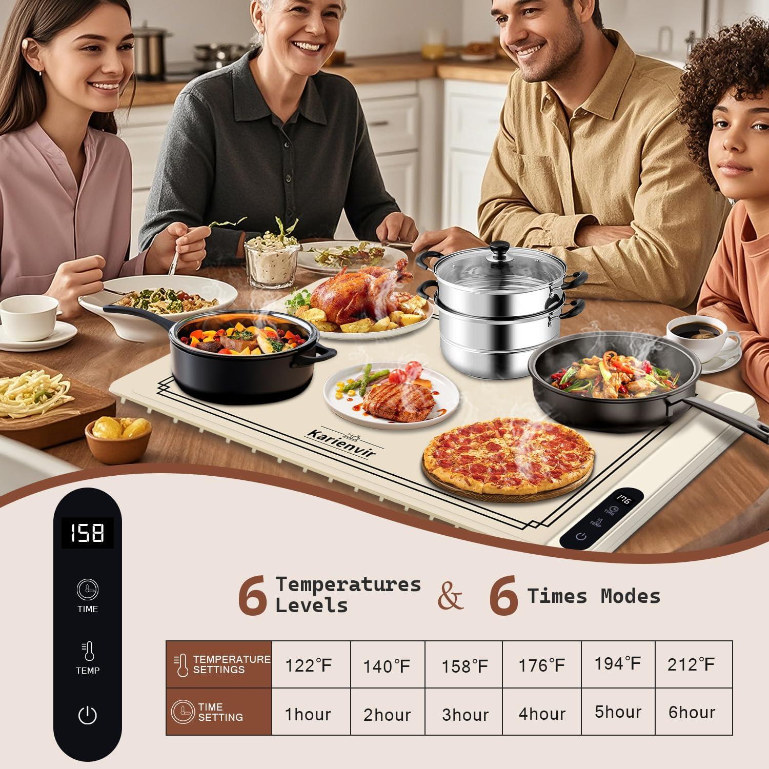 imageWarming Mat for Food 500W Upgrade Hightech Graphene Food Warming Mat Silicone Warming Tray Heating Fastly in 10s 7MM Raised Feet 6 Level Temp ampamp 6 Timer Setting Warming Tray Rollable BeigeBeige