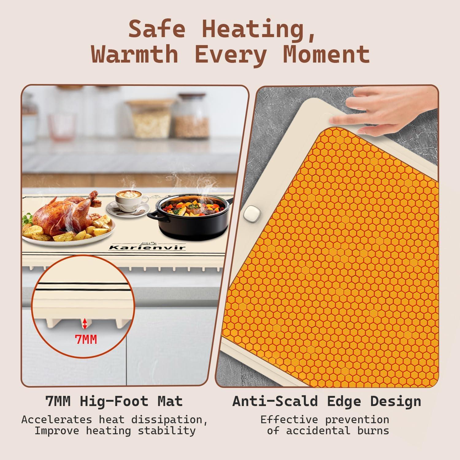 imageWarming Mat for Food 500W Upgrade Hightech Graphene Food Warming Mat Silicone Warming Tray Heating Fastly in 10s 7MM Raised Feet 6 Level Temp ampamp 6 Timer Setting Warming Tray Rollable BeigeBeige