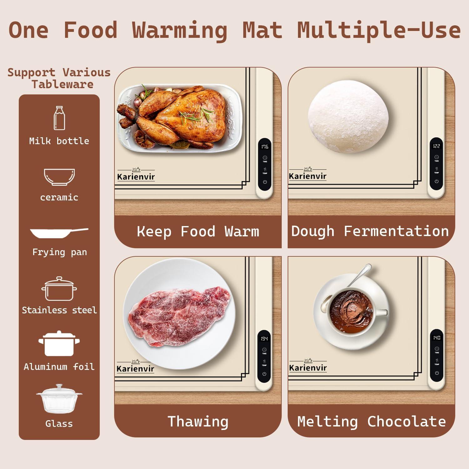 imageWarming Mat for Food 500W Upgrade Hightech Graphene Food Warming Mat Silicone Warming Tray Heating Fastly in 10s 7MM Raised Feet 6 Level Temp ampamp 6 Timer Setting Warming Tray Rollable BeigeBeige