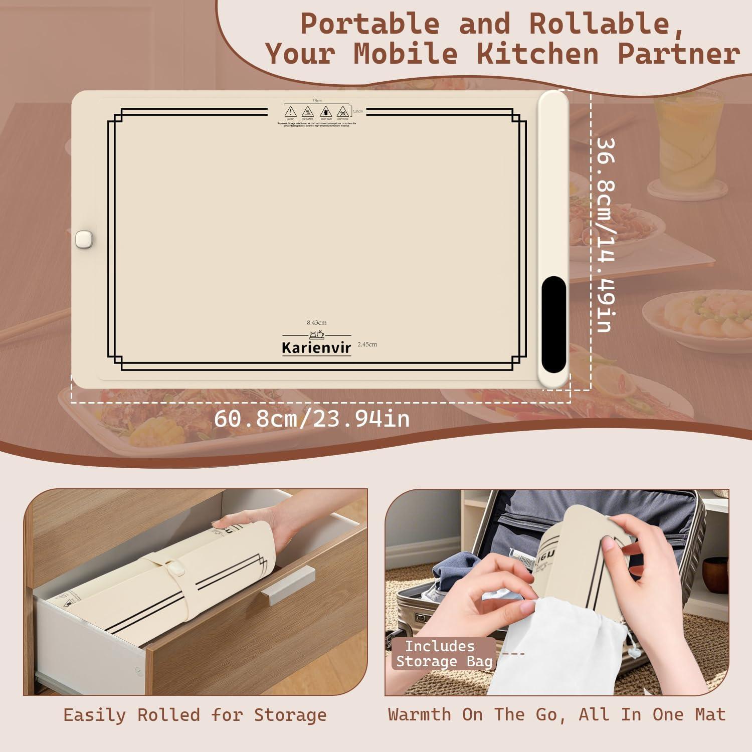 imageWarming Mat for Food 500W Upgrade Hightech Graphene Food Warming Mat Silicone Warming Tray Heating Fastly in 10s 7MM Raised Feet 6 Level Temp ampamp 6 Timer Setting Warming Tray Rollable BeigeBeige