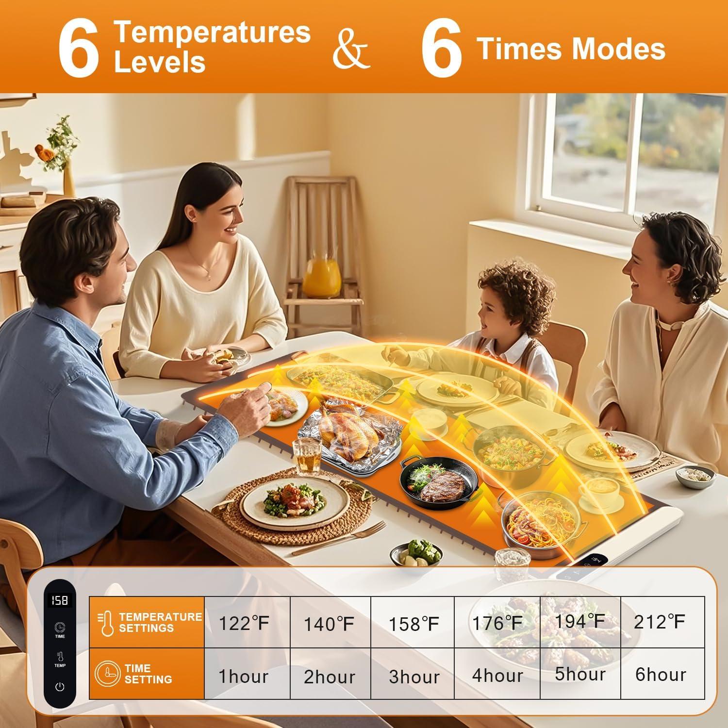 imageWarming Mat for Food 500W Upgrade Hightech Graphene Food Warming Mat Silicone Warming Tray Heating Fastly in 10s 7MM Raised Feet 6 Level Temp ampamp 6 Timer Setting Warming Tray Rollable BeigeBrown