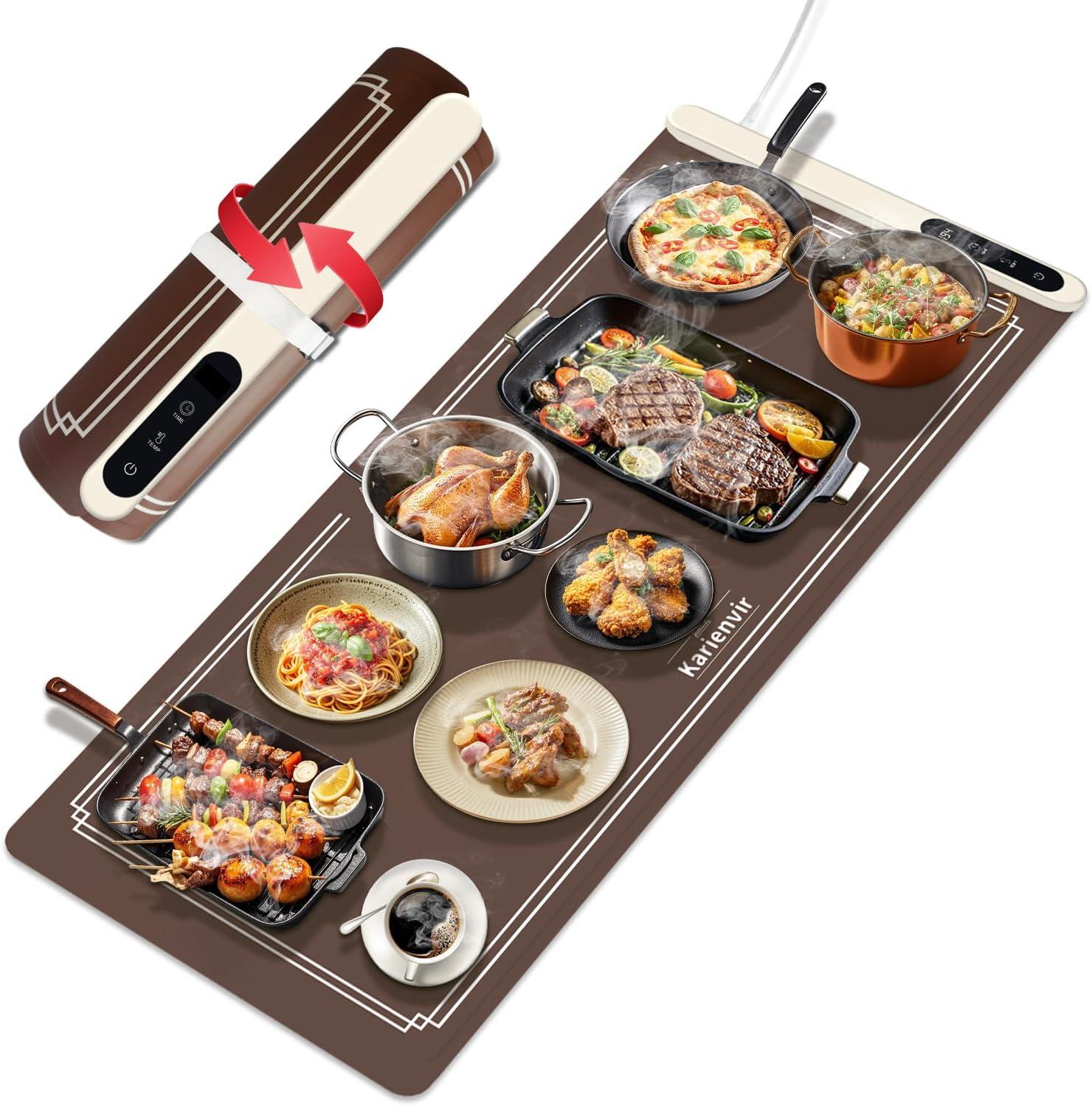 imageWarming Mat for Food 500W Upgrade Hightech Graphene Food Warming Mat Silicone Warming Tray Heating Fastly in 10s 7MM Raised Feet 6 Level Temp ampamp 6 Timer Setting Warming Tray Rollable BeigeBrown