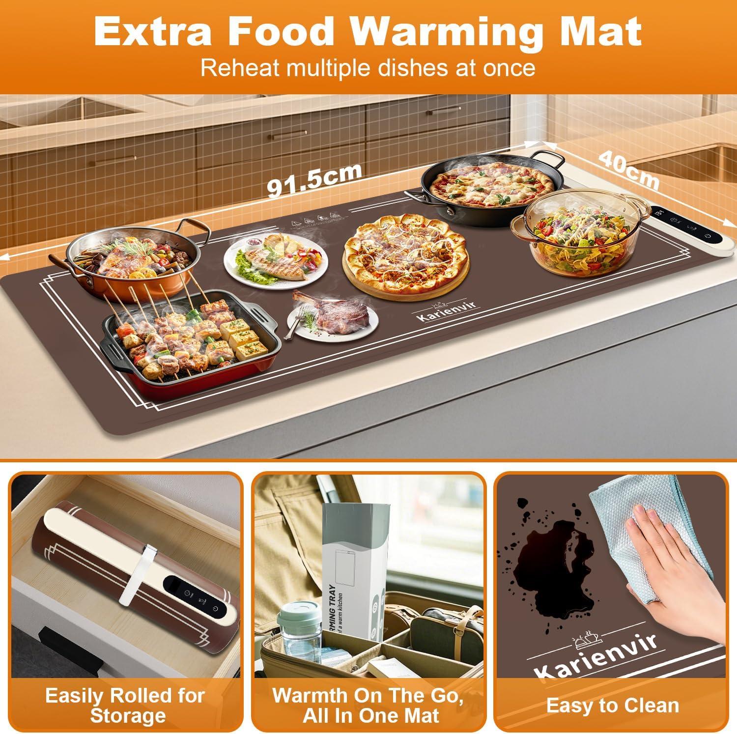 imageWarming Mat for Food 500W Upgrade Hightech Graphene Food Warming Mat Silicone Warming Tray Heating Fastly in 10s 7MM Raised Feet 6 Level Temp ampamp 6 Timer Setting Warming Tray Rollable BeigeBrown