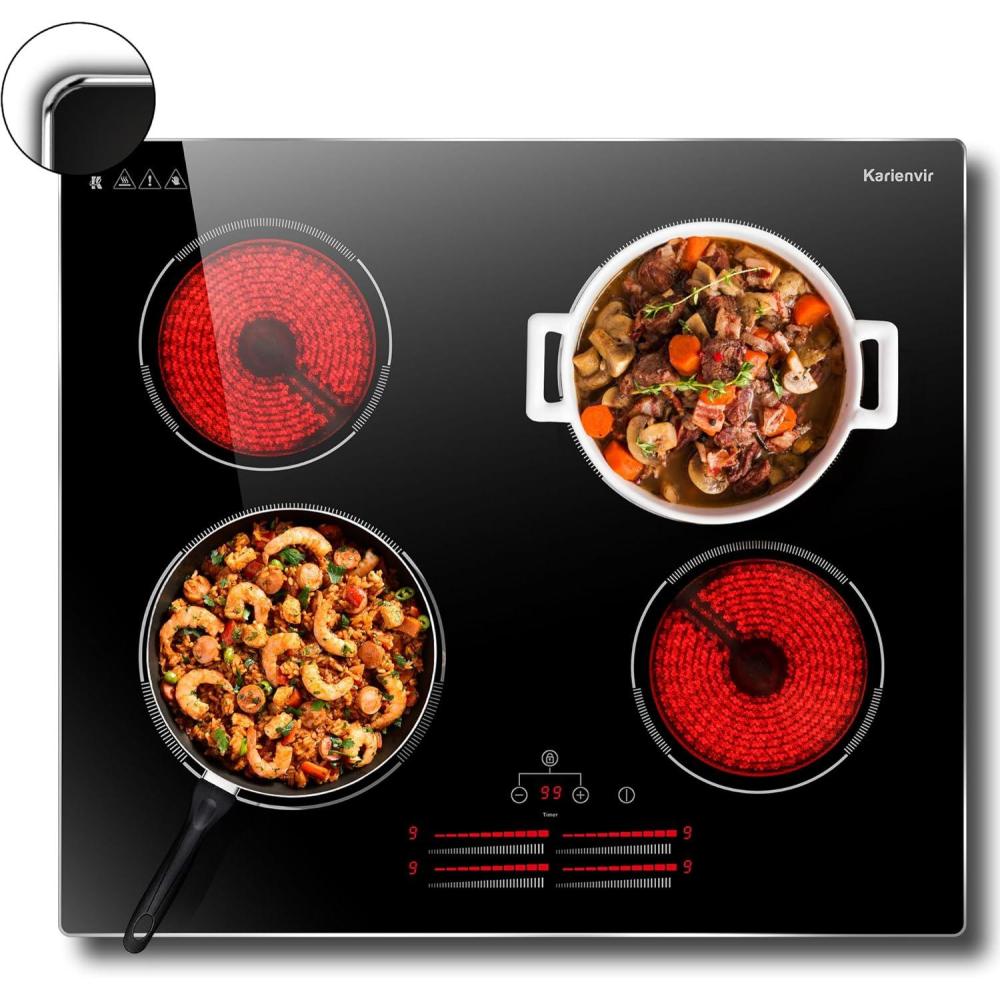 image24 Inch Electric Cooktop Built in Electrics Stove Top 4 Burner Electric Stove Touch Control 6000W 9 Power Levels Safety Lock Timer Pause Function 240V Hard WireNo Plugblack 24 inch 4 burner