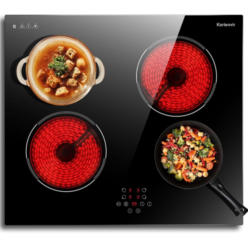 image24 Inch Electric Cooktop Built in Electrics Stove Top 4 Burner Electric Stove Touch Control 6000W 9 Power Levels Safety Lock Timer Pause Function 240V Hard WireNo PlugBlack 24 Inch 4 Burner Touch