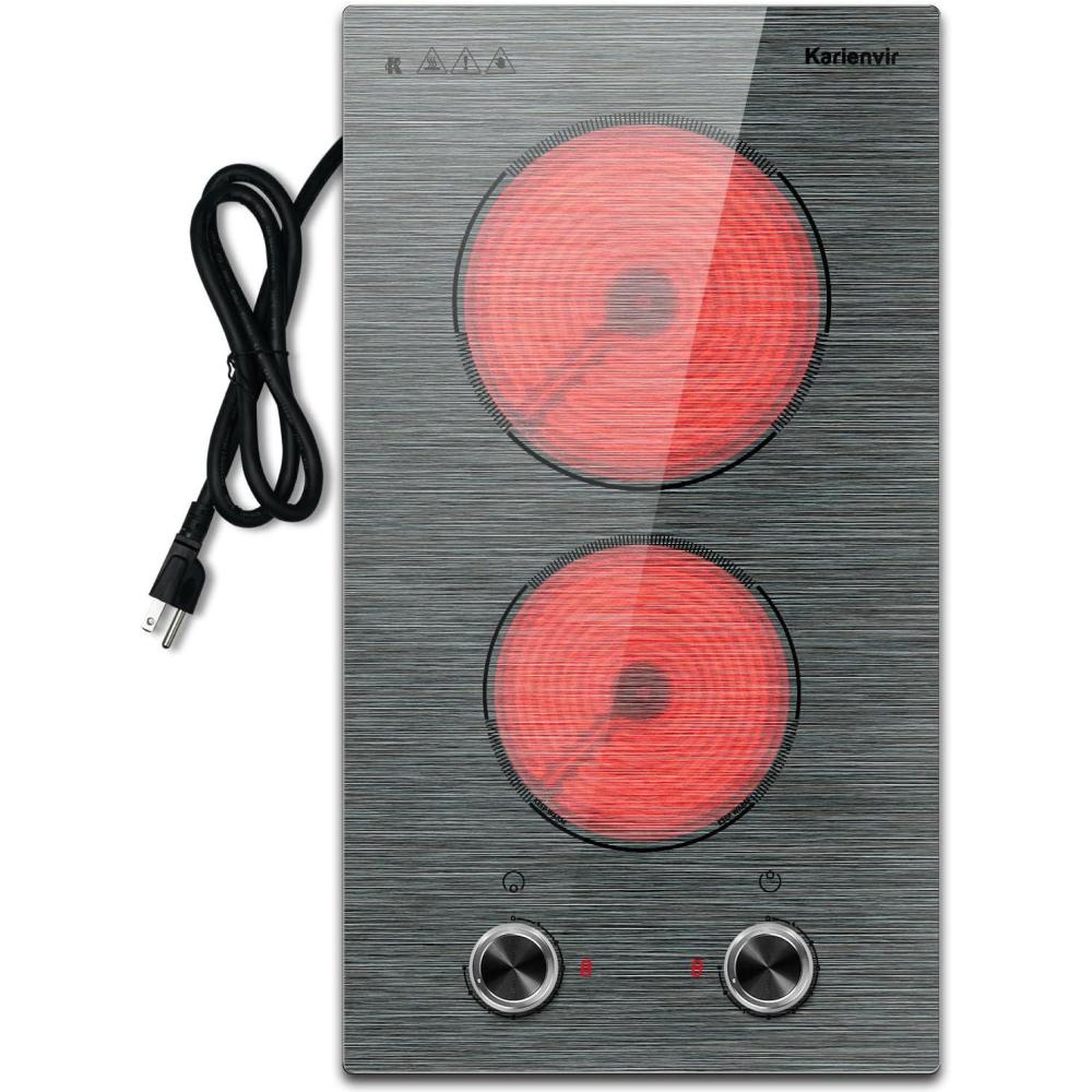 imageElectric Cooktop 24 Inch 4 Burner Electric Stove 6000W Textured Pattern 9 Power Lecels 220V240V Builtin Electrics Radiant Cooktop Knob Control Safe Lock Timer Pause12 inch drawing knob