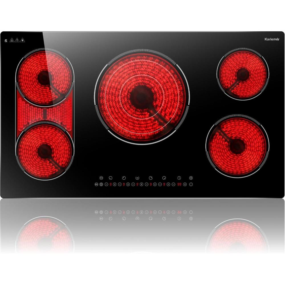 imageElectric Cooktop 24 Inch 4 Burner Electric Stove 6000W Textured Pattern 9 Power Lecels 220V240V Builtin Electrics Radiant Cooktop Knob Control Safe Lock Timer PauseBlack 36 Inch Touch Control