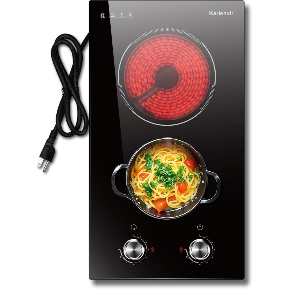 imageElectric Cooktop 24 Inch 4 Burner Electric Stove 6000W Textured Pattern 9 Power Lecels 220V240V Builtin Electrics Radiant Cooktop Knob Control Safe Lock Timer Pause12 inch black knob