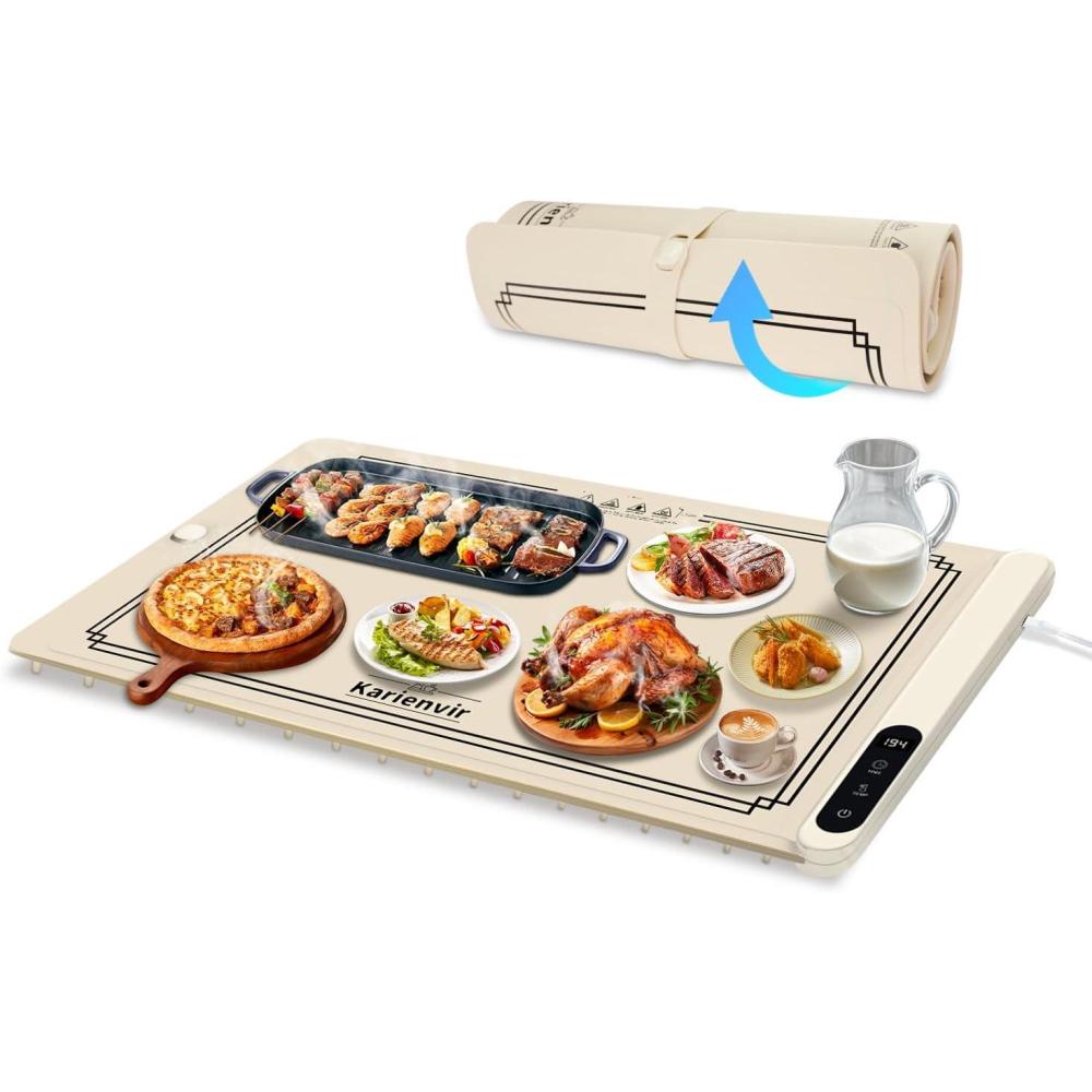 imageWarming Mat for Food 500W Upgrade Hightech Graphene Food Warming Mat Silicone Warming Tray Heating Fastly in 10s 7MM Raised Feet 6 Level Temp ampamp 6 Timer Setting Warming Tray Rollable BeigeBeige
