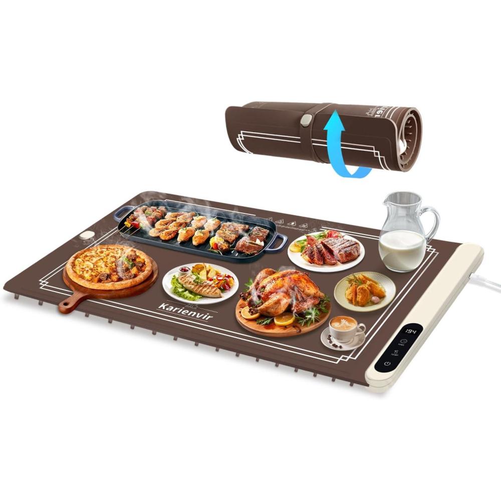 imageWarming Mat for Food 500W Upgrade Hightech Graphene Food Warming Mat Silicone Warming Tray Heating Fastly in 10s 7MM Raised Feet 6 Level Temp ampamp 6 Timer Setting Warming Tray Rollable BeigeBrown